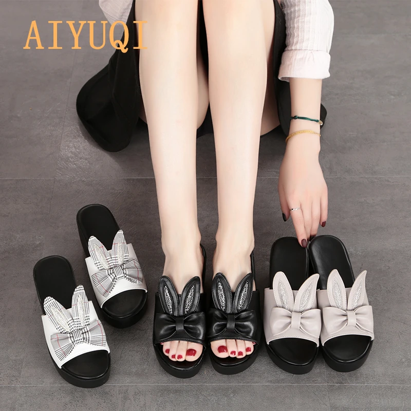AIYUQI; Новинка года; летние женские шлепанцы из натуральной кожи; женские шлепанцы для улицы; большие размеры 41, 42, 43 Женские вьетнамки на платформе