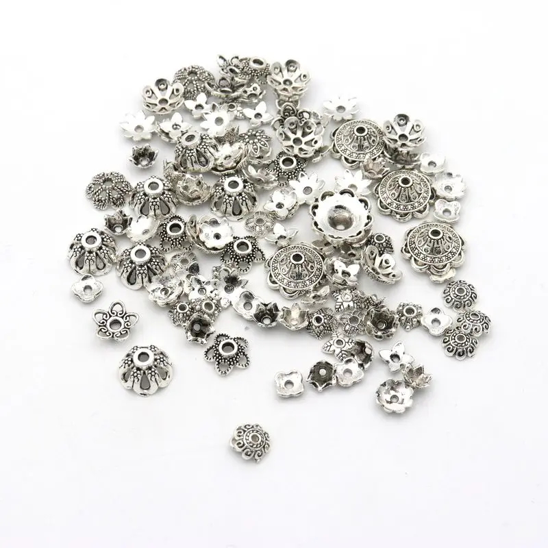 Antique Silver 150 шт Смешанные тибетские античные серебряные концевые колпачки для изготовления ювелирных изделий, рукоделие, аксессуары для рукоделия - Цвет: Antique Silver