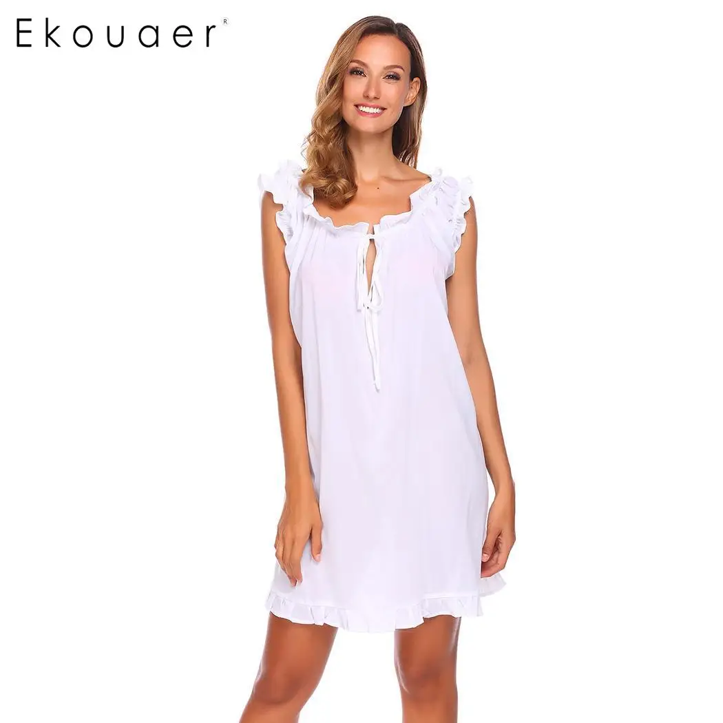 Ekouaer Nightgown Elegant Nightdress Casual Round Neckline Sleeveless Front Lace Up Sleepwear Solid Loose Ruffles Sleep Dress | Женская