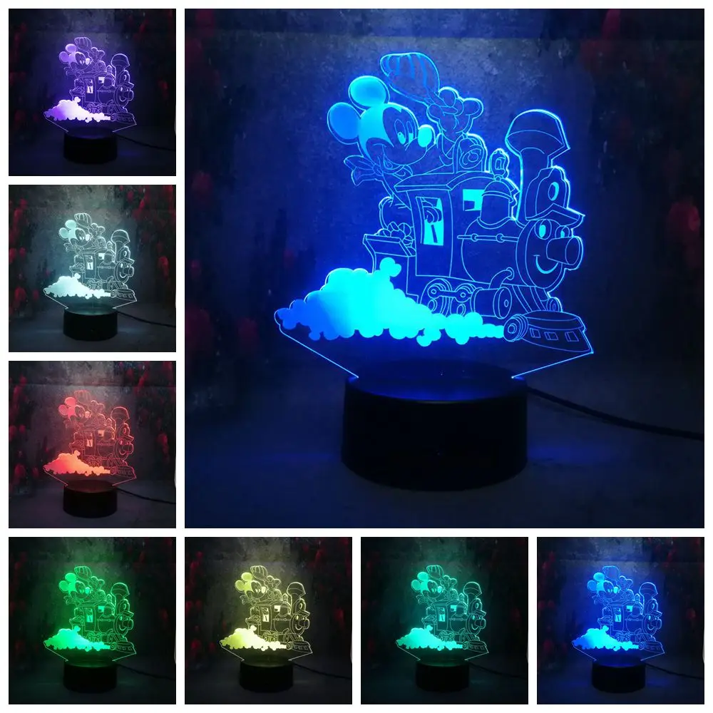 Новый стиль милый Микки Маус Вождение поезд 3D LED Сенсорная лампа настольная