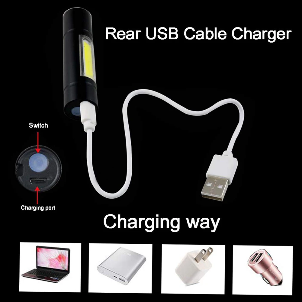 USB Перезаряжаемый Фонарик 3 режима освещения COB + XPE светодиодный мини фонарик