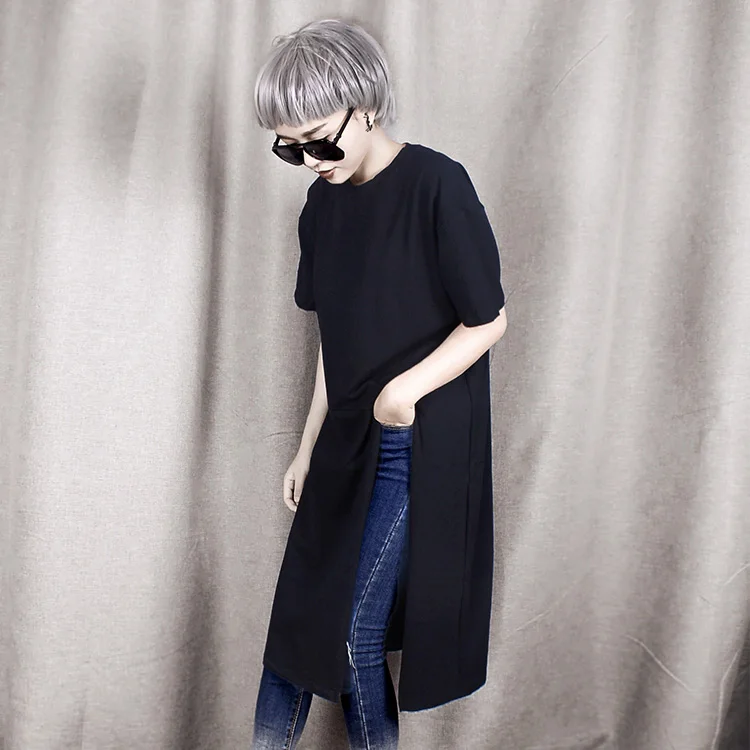 Летние однотонные Длинные свободные футболки с высоким разрезом и круглым