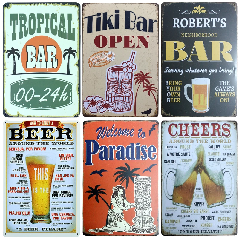 Винтажные металлические вывески Tiki Bar с открытой повязкой для дома и бара
