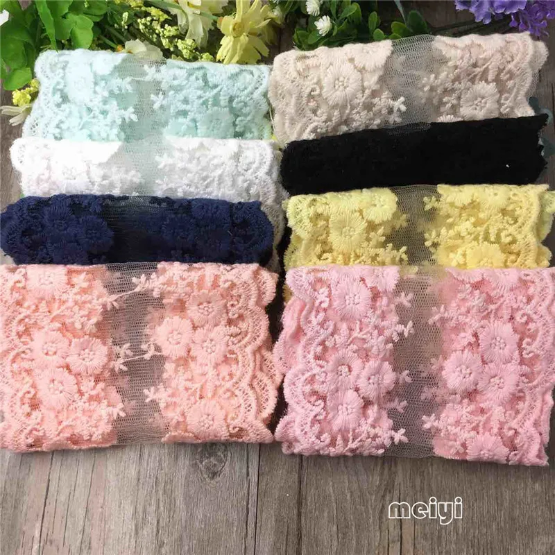 2 ярдов хлопка волнистый двойной Blossom Embroidered Кружева пришитую аппликация ленты ручной работы DIY Вышивание ремесло украшения
