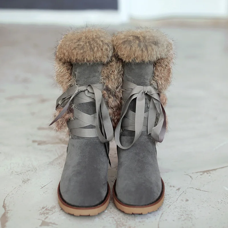 

SWYIVY Rabbit Fur High Tall Snow Boots Woman Flats 2018 Winter New Female Velver Snow Shoes Lacing Up Warm Fur Snow Boots 34 43