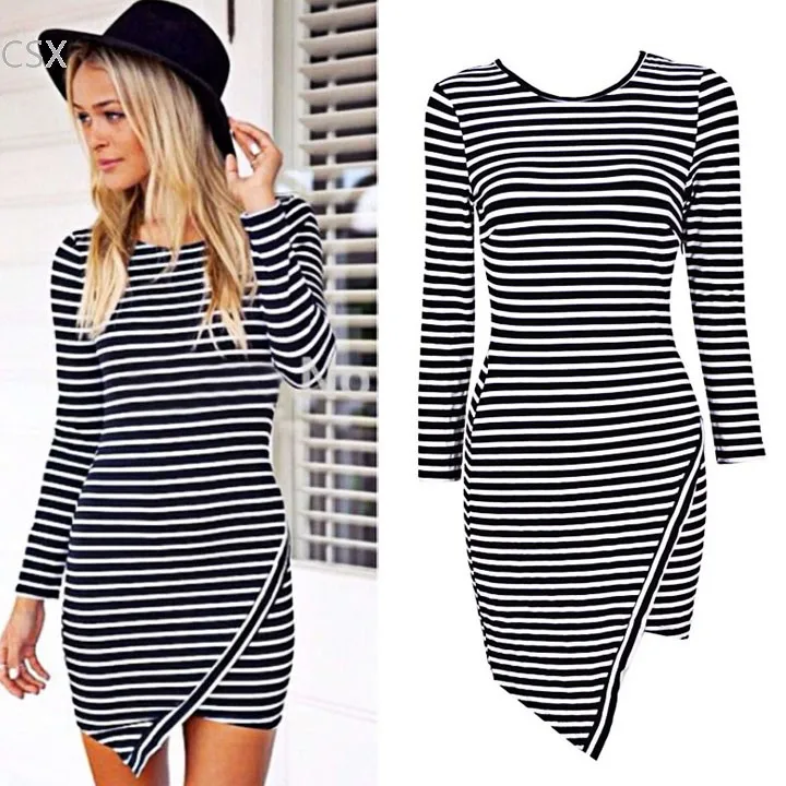 

2014 New Fashion Pencil Dress Slim Casual Long Sleeve Women Striped Evening Party Dresses Bodycon Stretch Multi Size Dress 10