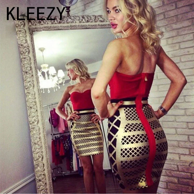 Женское Бандажное платье в стиле пэчворк красное и Золотое элегантное для