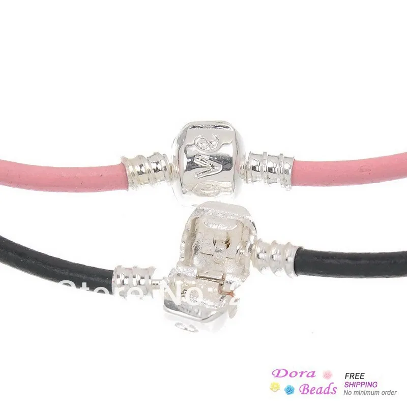 hot- Cowhide Leather European Charm Wrap Bracelets Triple Loop Black &amp Pink Snap Clasp &quotLove&quotCarved 57cm(22 4/8&quot) 2PCs (Z00105) |