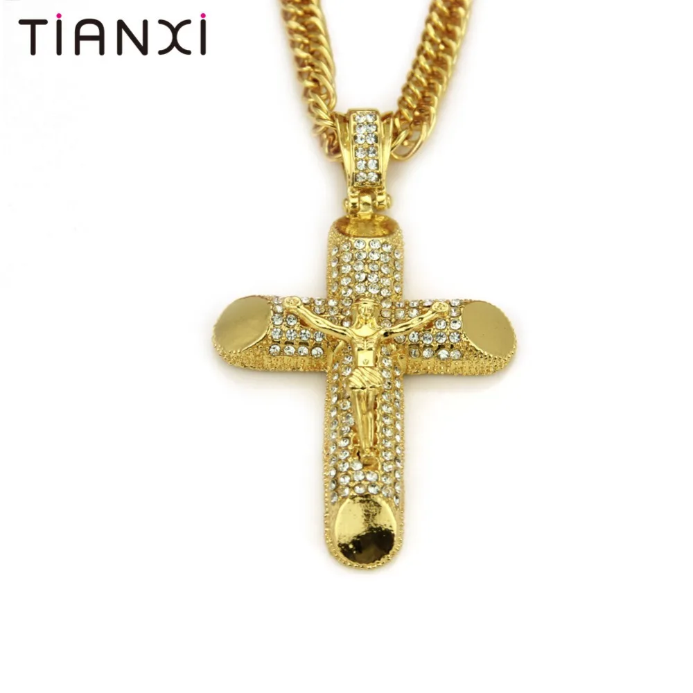 Hip Hop Alloy Gold Color Cross Pendant Necklace Religious Iced Out crystal Crucfix Jewely For Men Free Chain |