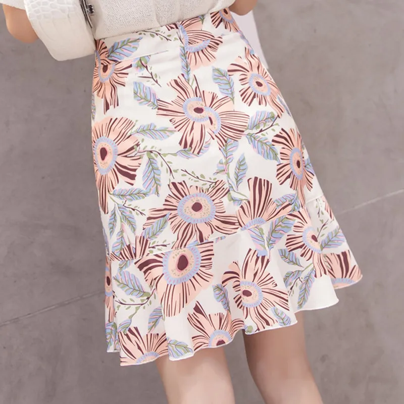 Women Floral Printing A-Line Skirts Summer Clothes High Waist Chiffon Fluffy Mini Skirt Female Harajuku Plus Size Boho Okq311 | Женская
