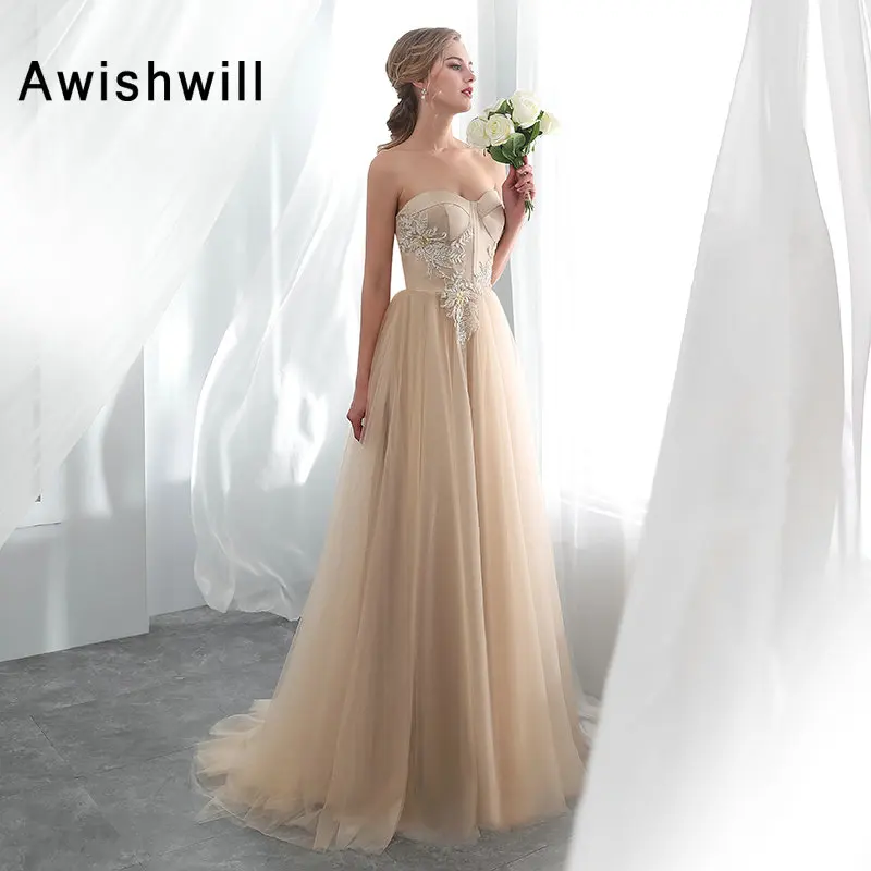 2020 Vestido De Festa Champagne Long Evening Dress Beads Satin Tulle Cheap Prom Dresses Abendkleider Formal Gown Real Sample | Свадьбы и