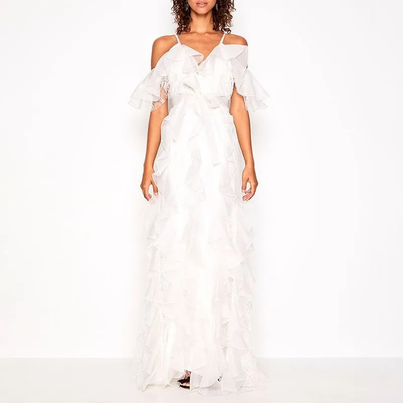 Женское кружевное платье TWOTWINSTYLE летнее макси с открытыми плечами высокой талией