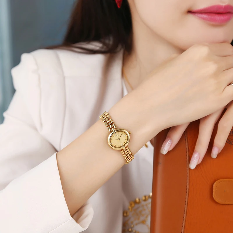 Retro fashion oval simple lady watch gold bracelet steel belt compact girl watch with metal watchband