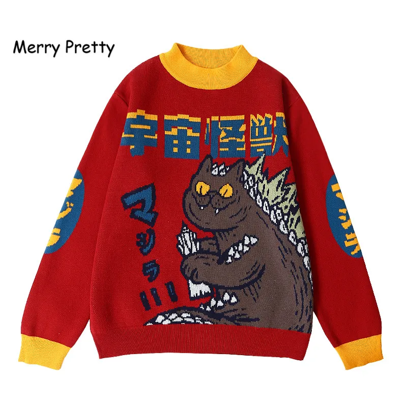 Merry Pretty осень зима дамы толстый теплый свитер Монстр забавные пуловеры вязать жаккард водолазка джемпер для женщин Красный трикотаж