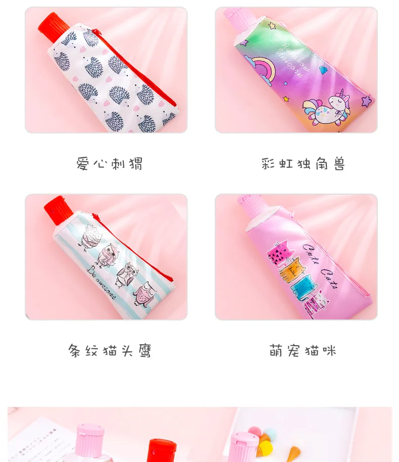 Creative toothpaste leather Pencil Case Cute Unicorn Owl cat large Pen Bag Kawaii Office School Supplies Korean Stationery