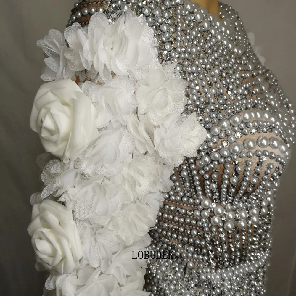 Female Singer Dancer sleeve flower Costume Silver Sparkly Rhinestones Pearls Petal Sleeve Bodysuit Luxurious Stage Dance Clothes
