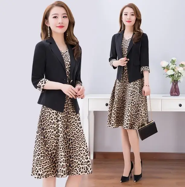 

Spring Leopard 2 Piece Set Women Dress Female Vestido De Festa Ukraine Ensemble Femme Deux Pieces Conjunto Feminino Woman Suit