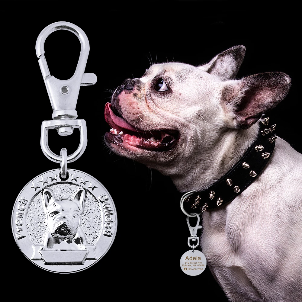 French Bulldog Собачья идентификационная бирка, Выгравированная именная бирка для собак, табличка с именем французского бульдога, анти-потеря, подвеска для домашних животных, аксессуары для собак, подвеска на ошейник - Цвет: French Bulldog
