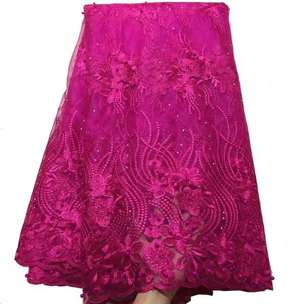 Rose red Африканская ткань Глод кружева с бисером и камнями для вечеринок нигерийская кружевная ткань высокого качества Кружева вышитая сетчатая ткань - Цвет: Rose red