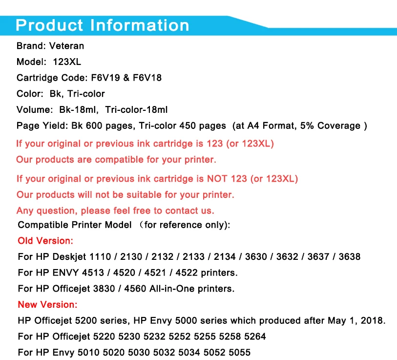 Ветеран пополнен чернильный картридж 123xl Замена для hp 123 xl hp123xl струйного принтера