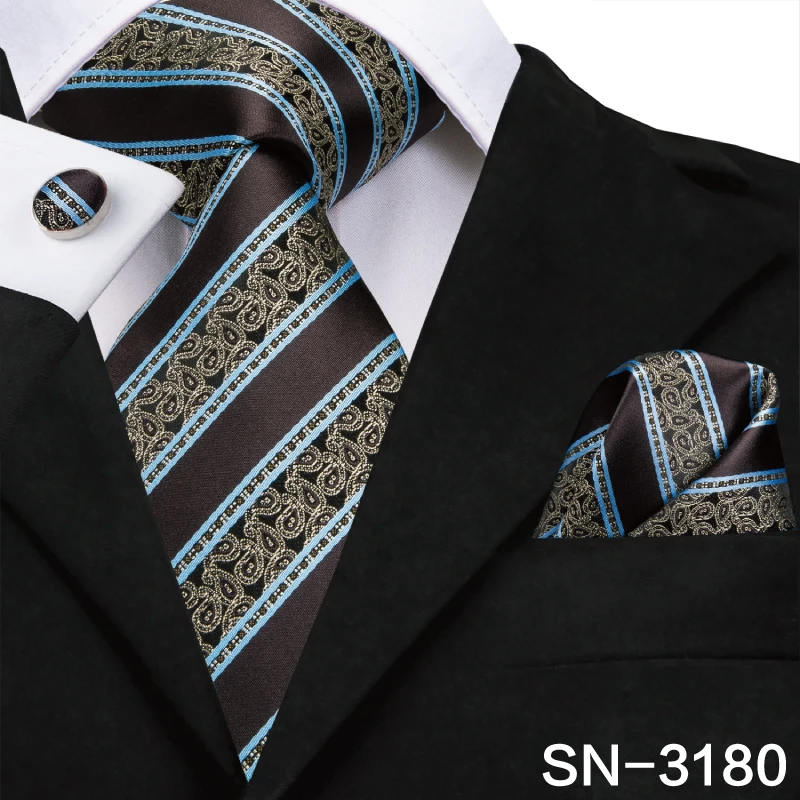 SN-3180 Hi-Tie Мужские галстуки высокое качество Шелковый тканый коричневый цветочный галстук набор носовой платок запонки Набор Бизнес Свадебные шейные Галстуки SN-3063 - Цвет: SN-3180