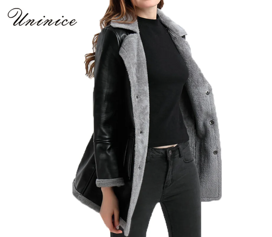 Зимний длинный плащ M-4XL для женщин из искусственной кожи Зимняя теплая верхняя одежда Длинный рукав Меховой мотоцикл 2017 Толстая одежда черная.