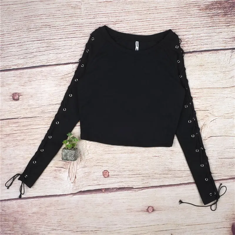 

Fashion Women Long Sleeve Shirt Casual Bandage Crop Tops Loose T-shirt