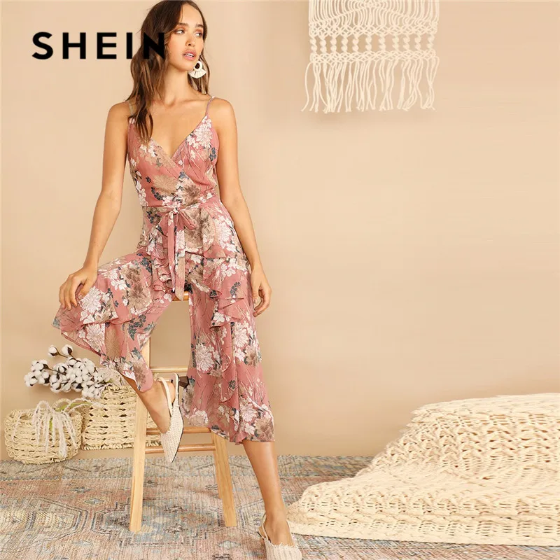 Шеин Boho Surplice Neck Botanical Ruffle Cami широкий комбинезон для женщин глубокий v-образный вырез без рукавов сексуальный комбинезон летний комбинезон