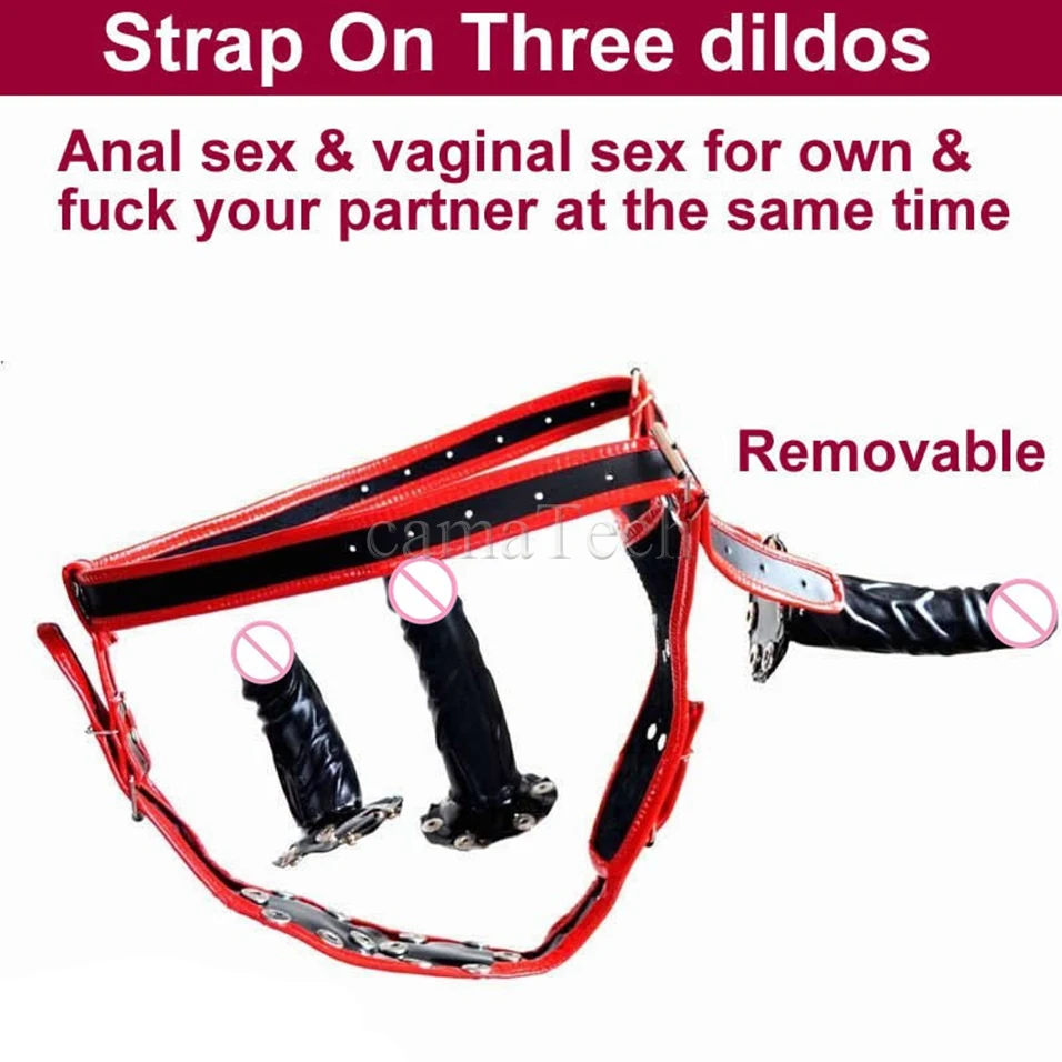 Кожаный страпон дилдо трусы с 3 шт. съемные фаллоимитаторы для лесбиянок женщин