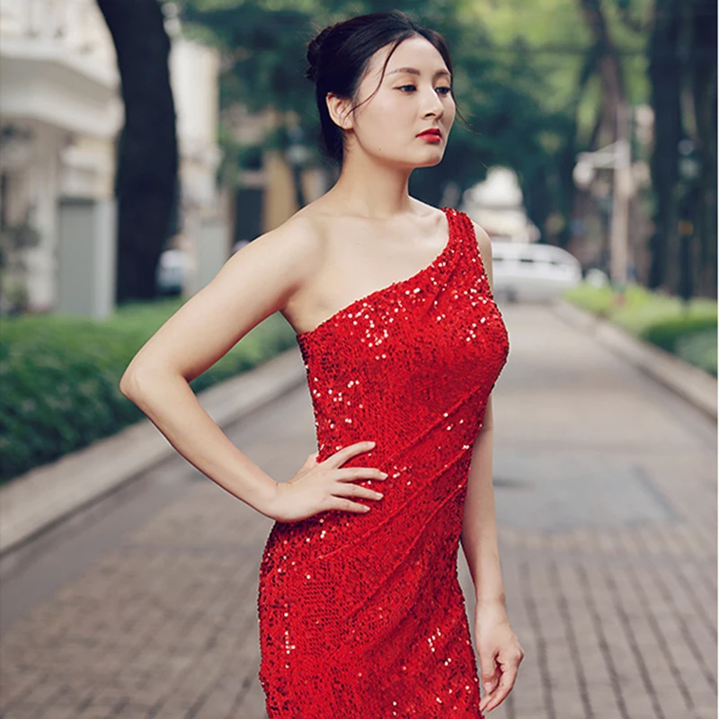 J66574 jancember elegant mermaid evening dress one shoulder floor length red bride wedding party dresses robe soiree rouge marié | Свадьбы и