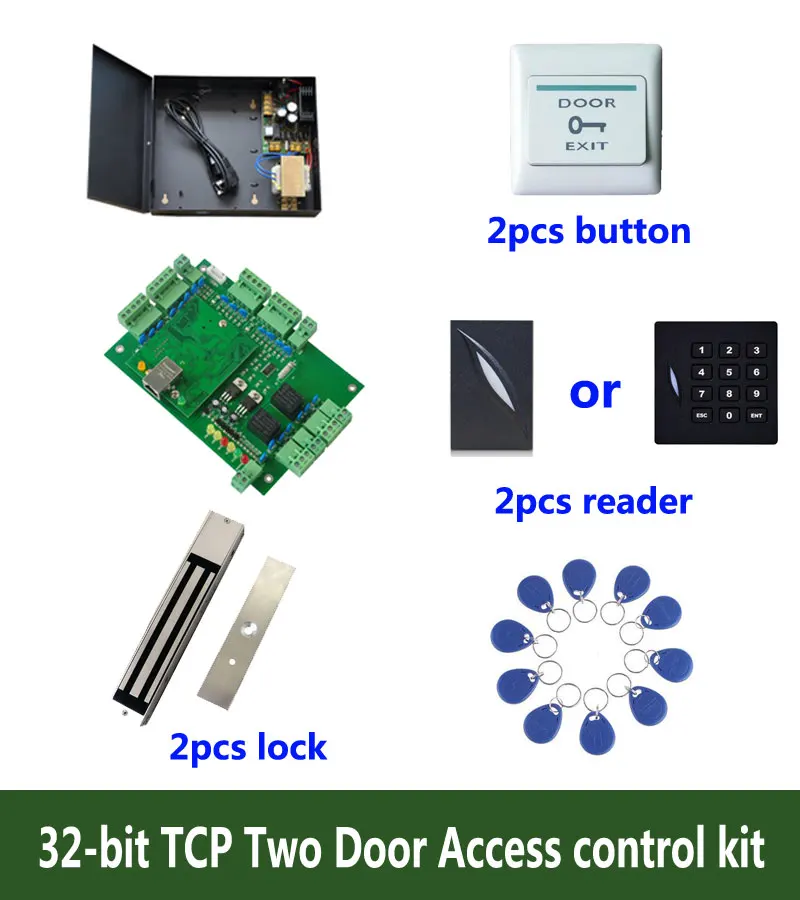 

RFID 32-битный комплект контроля доступа, TCP/IP двухдверный контроль доступа + мощность + 280 кг магнитный замок + считыватель ID + кнопка + 10 идентификационных ярлыков, Sn: Фотоэлементы