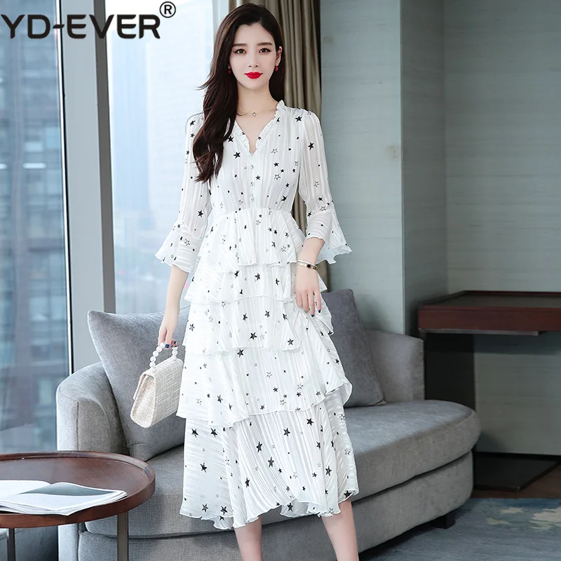 2019 летнее шифоновое платье Для женщин Flare рукавом V Neck Star Print ниспадающей оборкой