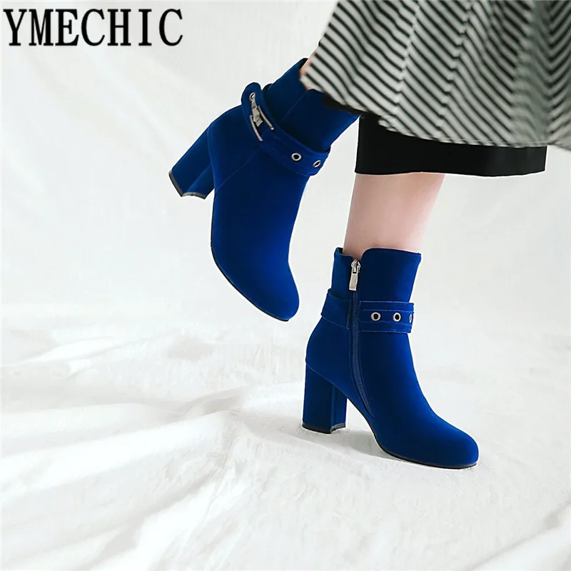 Женские ботильоны из флока YMECHIC красные синие Черные на высоком каблуке с пряжкой