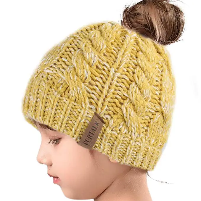 Kids Yellow FURTALK хвост шапочка шапка Для женщин зимние круглые шапки без полей для детей для маленьких девочек вязаная зимняя бегун грязный булочка шапка с отверстием для хвоста Кепки - Цвет: Kids Yellow