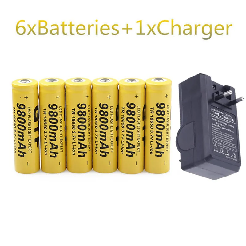 GTF 6 шт 3 7 V 18650 батареи 9800 mAh литий ионная аккумуляторная батарея для фонарика + EU/US