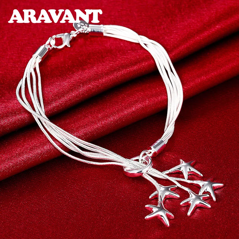 

925 Silver Five Starfish Multi Layer Chains High Quality Women Silver Charm Bracelets
