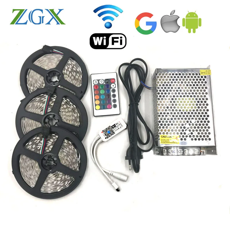 

ZGX Wifi led strip rgb led light 5050 wifi wireless controller lamp ip neon waterproof ribbon tape DC12V 60Leds/M 5M 10M 15M set