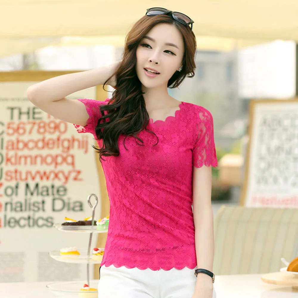 

Plus Size Wholesale Women White Lace Blouses Short Sleeves Clothes Hollow Out Tops Female Sexy Apricot Blouse Blusas Feminina