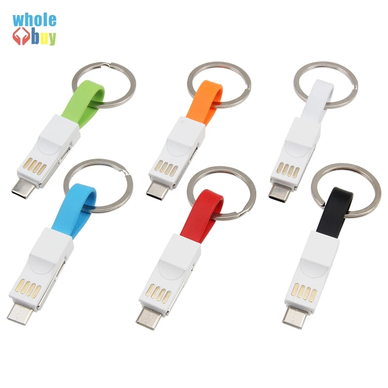 500 шт. 3 в 1 USB кабель портативный плоский провод с кольцом для ключей Micro 5pin 8pin Type C быстрой зарядки и