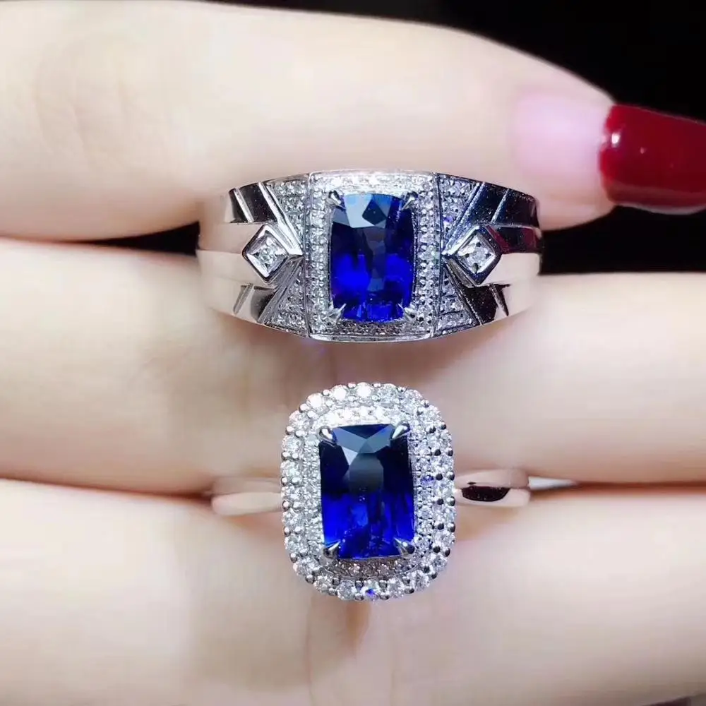 Парное кольцо Naural blue сапфировое из драгоценных камней с серебром 925 пробы по