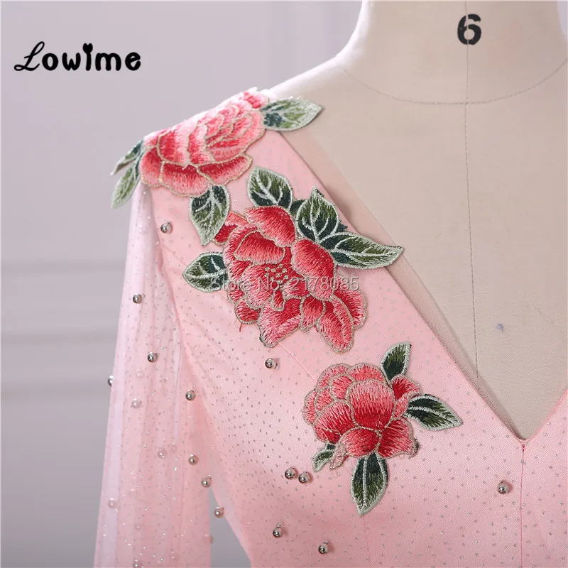 Розовое цветочное вечернее платье с вышивкой v-образный вырез длинные рукава