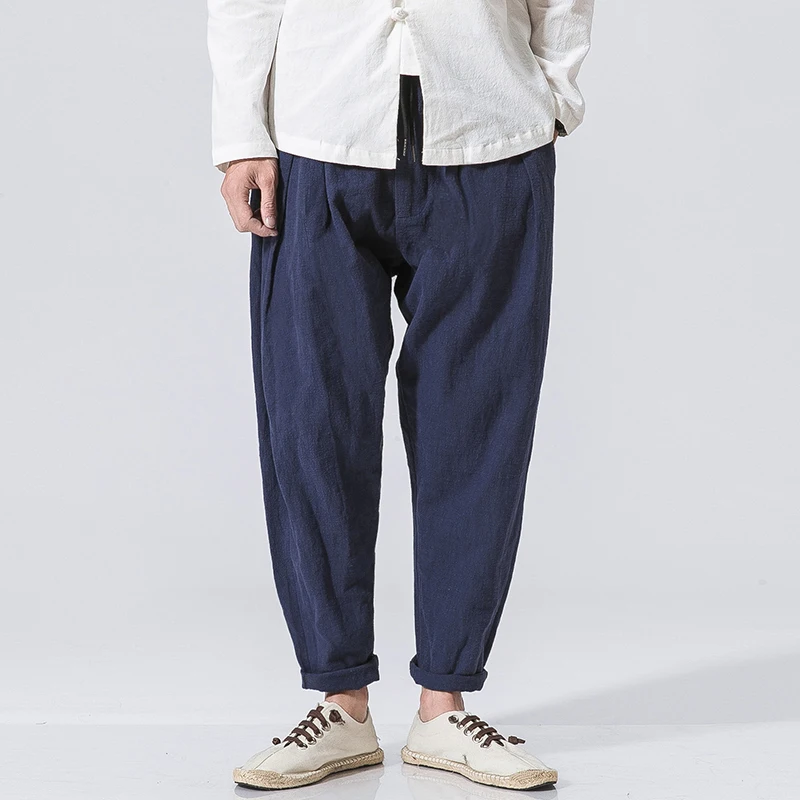 Мужские повседневные брюки высокого качества из хлопка и льна сезон весна-осень