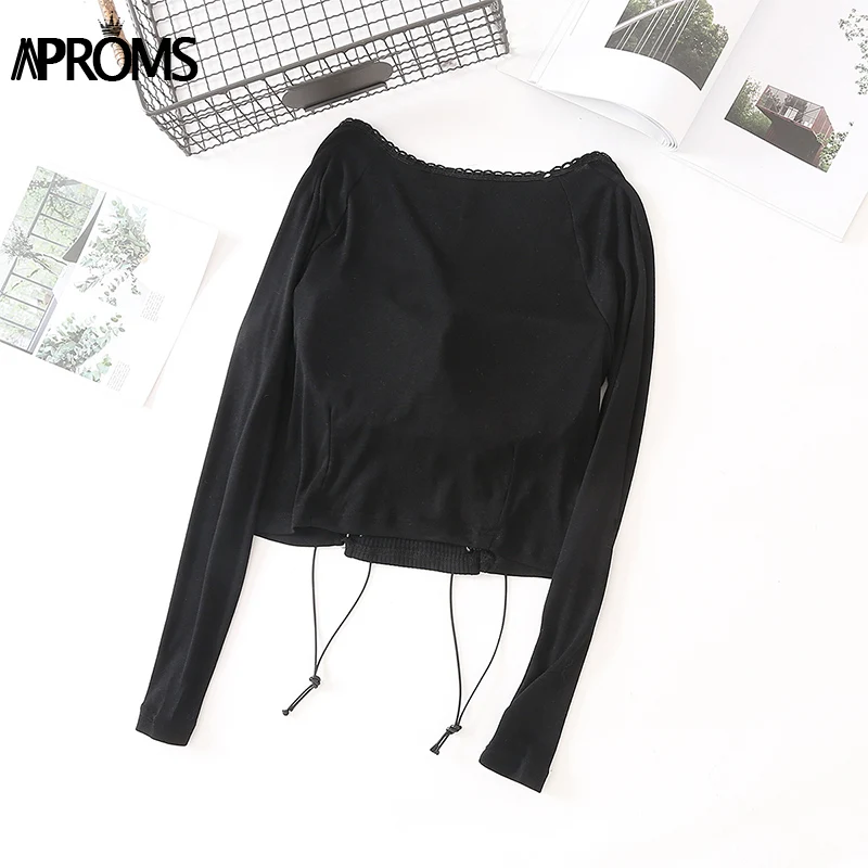 Aproms/Винтажные Блузы с квадратным вырезом и длинными рукавами; рубашки; 90 s; крутая уличная одежда для девочек; летний укороченный топ на шнуровке; Blusas