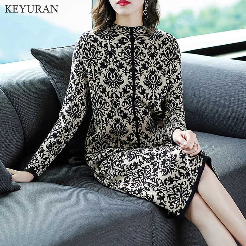 

2021 Autumn Winter Print Casual Sweater Dress Women Turtleneck Pocket Patchwork Long Sleeve Knitted Loose Dresses Jumper L2750