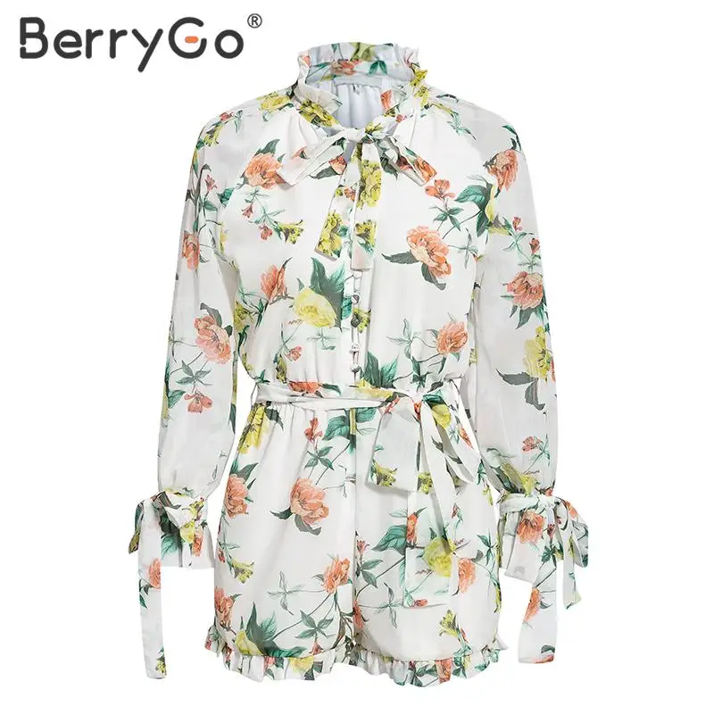 BerryGo Boho Цветочный Принт Женский Игровой костюм Кружевной рюшами Летний Пляжный