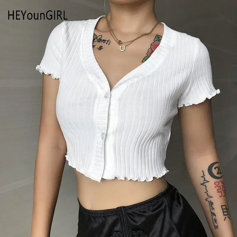 Белый HEYounGIRL элегантный сексуальный глубокий v-образный вырез укороченный Топ Футболка короткий рукав белая футболка Женская Повседневная футболка с оборками Femme Лето - Цвет: Белый