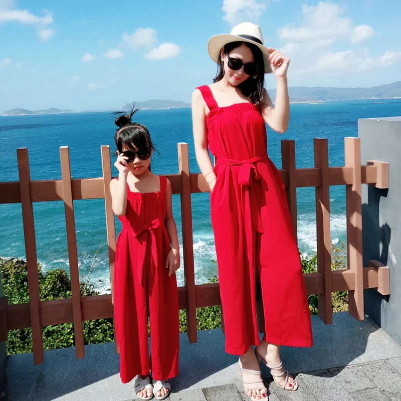 

Mother Daughter Jumpsuits Summer Family Matching Clothing Summer Girl Wine Red Wide Leg Pants Family Clothing Outfits