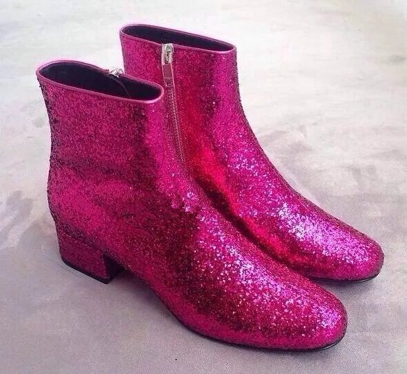 Ботильоны розовые/серебристые с блестками ботинки на молнии сбоку среднем