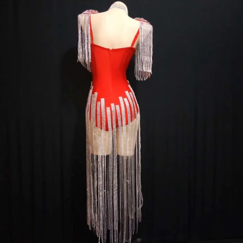 Sparkly White Black Rhinestones Epaulet Tassels Bodysuit Female Dance Troupe Jazz Dance Outfit DJ Singer Sexy Fashion Stage Wear