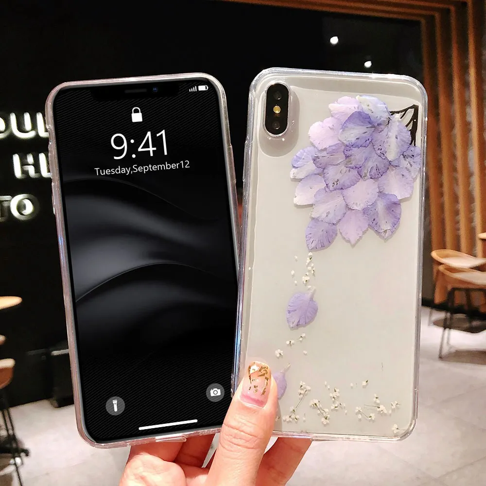 3D чехол для телефона с настоящим цветком iPhone XSMAX XR XS X прозрачный цветочный